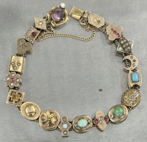 14K & 10K early slide bracelet, from fine estate in Hudson Valley, with various stones, nice overall: 14K & 10K early slide bracelet, from fine estate in Hudson Valley, with various stones, nice overall condition, weighs 14.3 pennyweights.