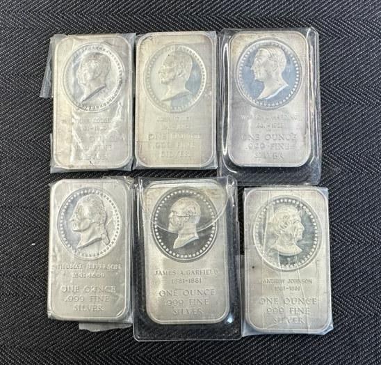(6) one ounce silver PRESIDENTS bars, by MADISON MINT, from local estate collection, includes ( JOHN (1 of 3)