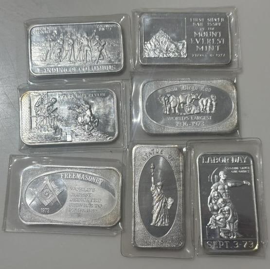 (7) one ounce .999 fine silver bars, from estate collection we are selling, includes (LABOR DAY (1 of 3)