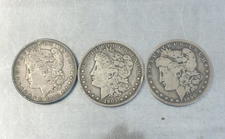 (3) Morgan Silver Dollars, circulated, they are 1898, 1890 O & 1901 O…..just how we found them. (1 of 3)