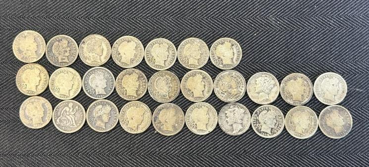 (27) early US dimes, some are extremely worn, just as we found them…..: (27) early US dimes, some are extremely worn, just as we found them…..