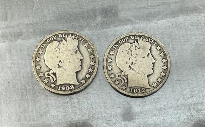 (2) BARBER circulated Half Dollars to include 1908 O & 1912 D, from local estate, just how we found (1 of 2)
