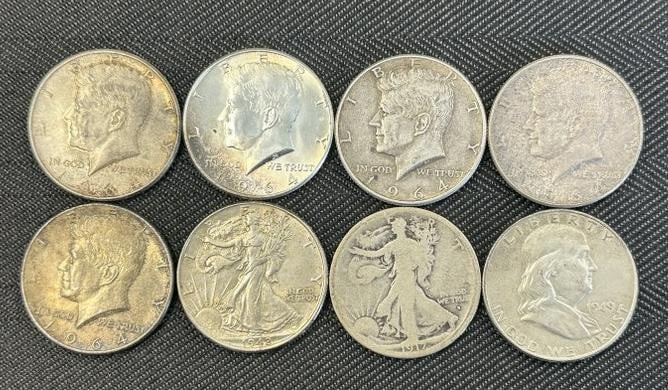 (8) U S silver half dollars from local estate, to include (5) 1964 Kennedy half dollars, (2) Walking (1 of 2)