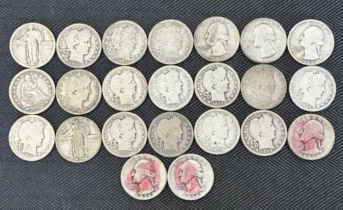 (23) US silver quarters, some early, some worn, just as we found them in local estate. (1 of 5)