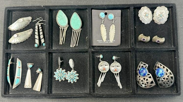 (11) pairs of sterling silver earrings with stones, mostly turquiose, from estate collection we are: (11) pairs of sterling silver earrings with stones, mostly turquiose, from estate collection we are selling….