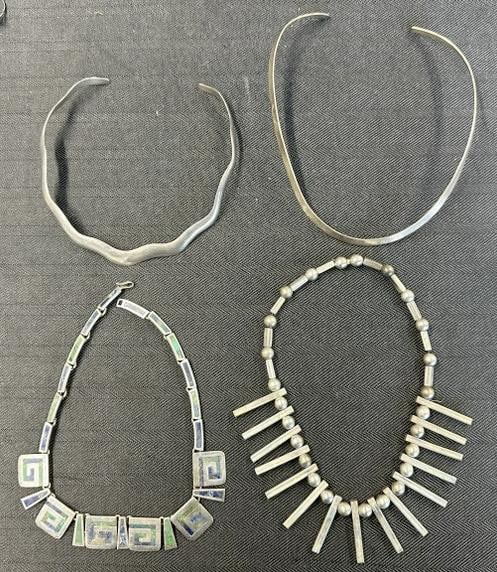 (4) STERLING SILVER vintage necklaces, (2) wavy torque collar, one with inlaid stones possibly Los (1 of 7)