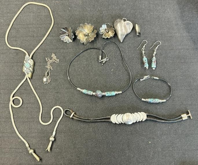 STERLING SILVER lot of misc. estate jewelry including (2) 3 pc. Sets, bolotie with turquoise &: STERLING SILVER lot of misc. estate jewelry including (2) 3 pc. Sets, bolotie with turquoise & silver chain, and nice Modernist design bracelet, from estate collection we are selling.