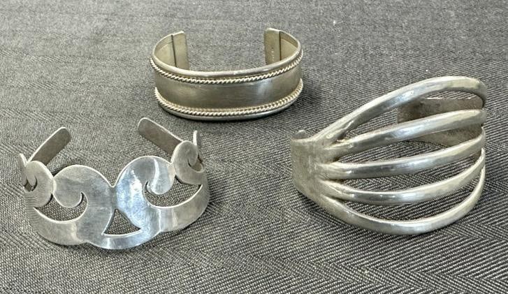 (3) STERLING SILVER cuff bracelets, from estate collection we are selling, nice overall condition, (1 of 7)