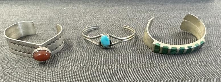 (3) STERLING SILVER Native American bracelets with stones, nice grouping, from estate collection we (1 of 10)