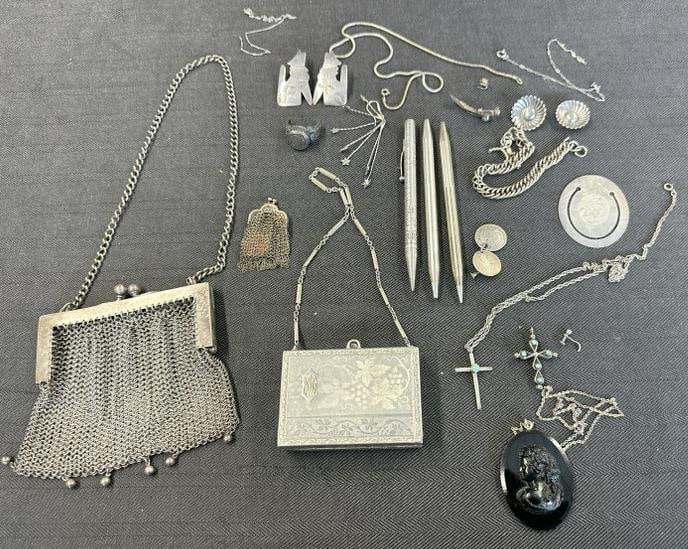 Misc. estate sterling lot to include as is jewelry, pair of sterling earrings, (2) crosses with (1 of 8)