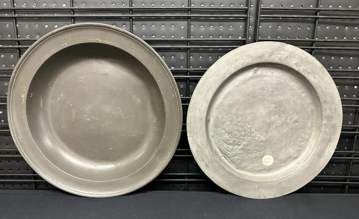 (2) large round pewter pcs. A bowl, circa 1680, hallmarked (TL) with paper on back as pictured, (1 of 8)