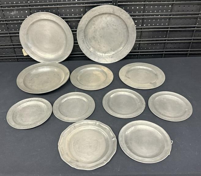 (11) pcs. Early pewter plates and (1) bowl, from old time antique dealers estate in the Hudson (1 of 12)
