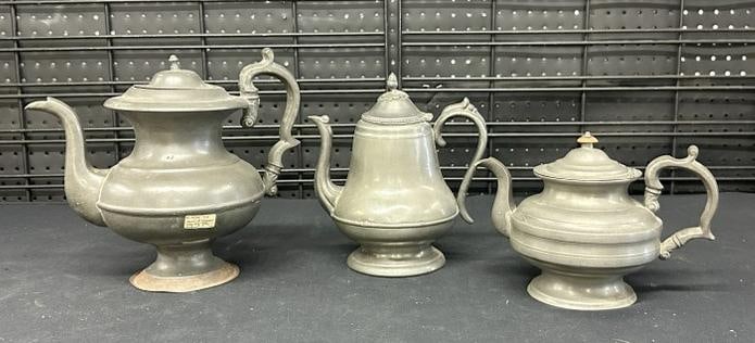 (3) antique pewter tea or coffee pots, from Hudson Valley estate of old time antique dealer, to show (1 of 6)
