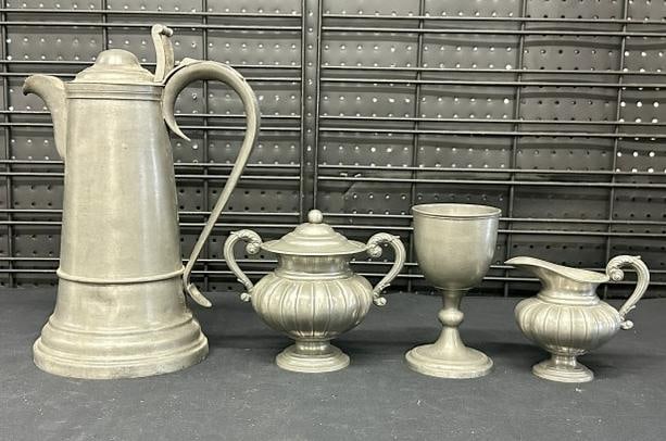 (4) pcs. DIXON & SON pewter, large tankard to show scale measures 14.5" high. All signed, from: (4) pcs. DIXON & SON pewter, large tankard to show scale measures 14.5" high. All signed, from estate in Hudson Valley of old time antique dealer.