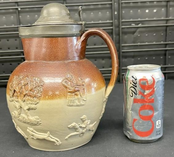 Early salted stoneware with pewter like lid and raised figures and more all the way around, signed: Early salted stoneware with pewter like lid and raised figures and more all the way around, signed on bottom ( G. HANCOCK BIRMINGHAM ), from estate of old time antique dealer in the Hudson Valley. Mea