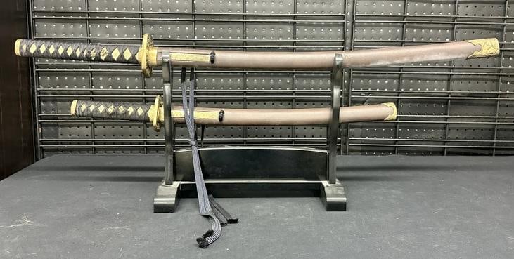 Non antique samurai swords on wood stand, decorative, longest in sheath measures 40" long. Nice (1 of 4)