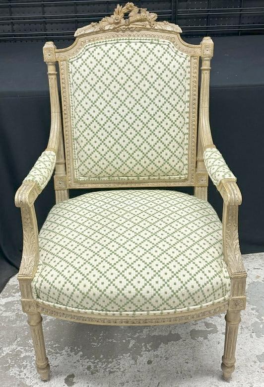 Decorative Louis XVI style armchair, nice carvings, and nice upholstery, from upscale home in (1 of 3)