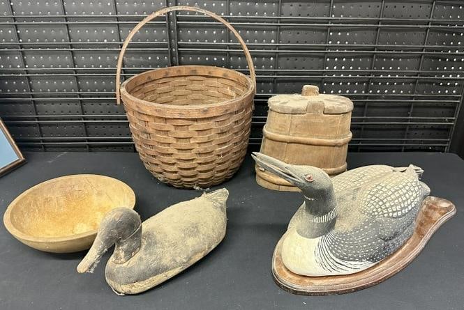 Estate country lot to include early firkin, wood bowl, country basket in nice condition, old decoy (1 of 9)