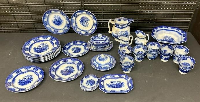 Big estate lot of Davenport Amoy pattern FLOW BLUE, from Hudson Valley estate of old time antique (1 of 11)
