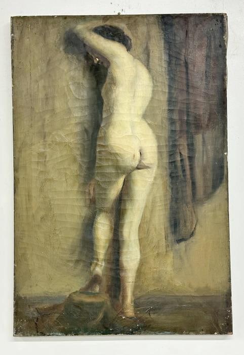 Franklin Zell Heuston (1880-1966) o/c female nude from the back, signed upper left, some paint: Franklin Zell Heuston (1880-1966) o/c female nude from the back, signed upper left, some paint crackling, canvas measures 31" x 21". This painting is directly from the Artist's estate, we are selling