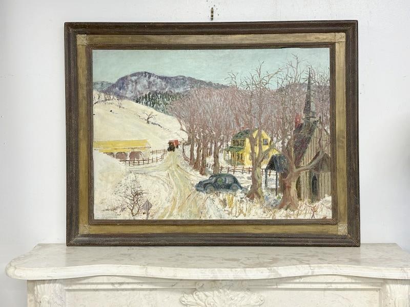 Franklin Zell Heuston (1880-1966) large o/b ( Intersection of Route 9 looking North from Carmel to: Franklin Zell Heuston (1880-1966) large o/b ( Intersection of Route 9 looking North from Carmel to Cold Spring. Ttitled on back as pictured, painting measures 26" x 36", the frame measures 33.5" x 43.