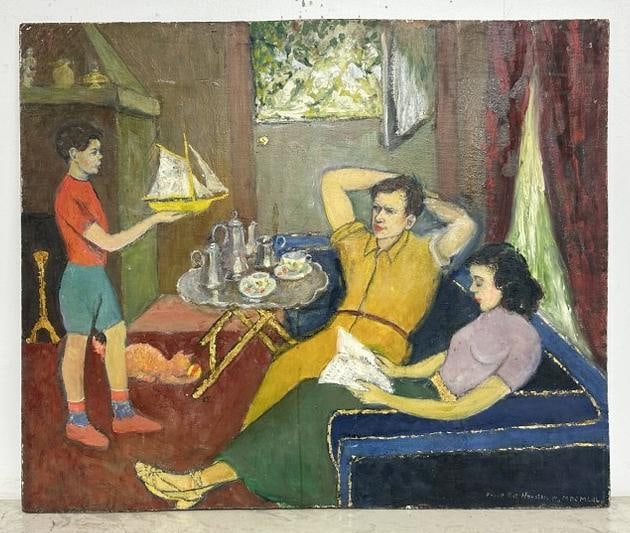 Franklin Zell Heuston (1880-1966) o/b Heuston family painting in their home all (3) identified on: Franklin Zell Heuston (1880-1966) o/b Heuston family painting in their home all (3) identified on back, circa 1940's, painting measures 25" x 30". This painting is directly from the Artist's estate, w