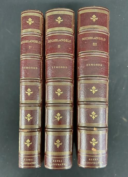 (3) volume set - THE LIFE OF MICHELANGELO BUONAROTTI - beautiful red leather cover boards, very nice: (3) volume set - THE LIFE OF MICHELANGELO BUONAROTTI - beautiful red leather cover boards, very nice estate condition. Limited number printed, this is 42 of 112 copies. From upscale Scarsdale, N.Y. (