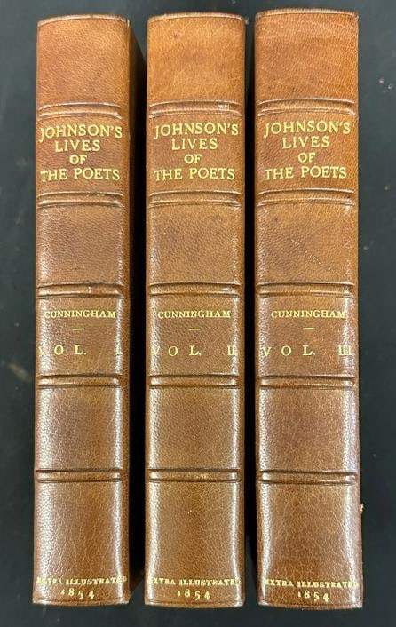 (3) volume set - LIVES OF THE MOST EMINENT ENGLISH POETS, by Samuel Johnson. London, Published 1854.: (3) volume set - LIVES OF THE MOST EMINENT ENGLISH POETS, by Samuel Johnson. London, Published 1854. Beautiful leather and marble covers, in very nice estate condition, from fine estate in Scarsdale,