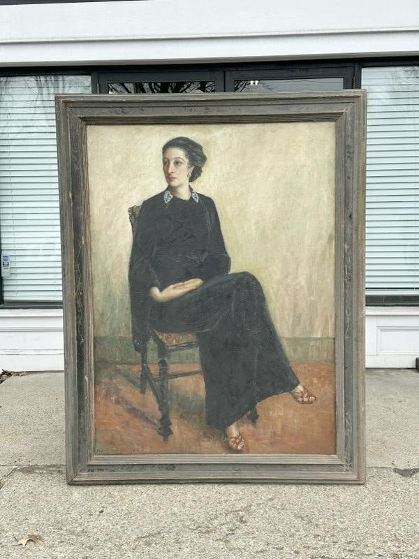 Franklin Zell Heuston (1880-1966 ) large o/c portrait of Woman titled ( Mrs. Krum ), painting: Franklin Zell Heuston (1880-1966 ) large o/c portrait of Woman titled ( Mrs. Krum ), painting measures 57.25" x 42". The frame measures 67.25" x 52.25". Circa 1930's or 40's. This painting is directly