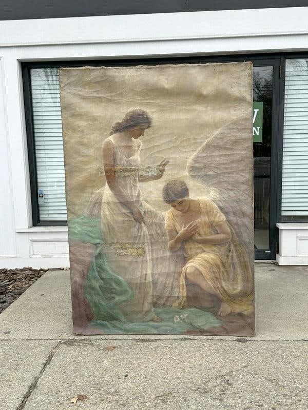Franklin Zell Heuston (1880-1966 ) large o/c of Woman with Angel ( has sme blottches of paint in a: Franklin Zell Heuston (1880-1966 ) large o/c of Woman with Angel ( has sme blottches of paint in a few spots as pictured, painting measures 72.25" x 50". Dated 1931. This painting is directly from the