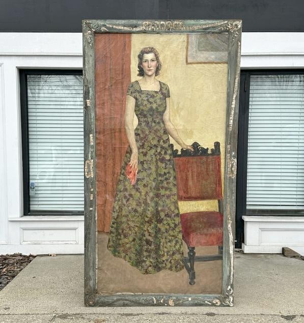 Franklin Zell Heuston (1880-1966 ) Large o/c portrait of Woman standing by a red upholstered chair,: Franklin Zell Heuston (1880-1966 ) Large o/c portrait of Woman standing by a red upholstered chair, in frame of the period. Dated 1940, signed lower right. The painting measures 83" x 41.5", the frame