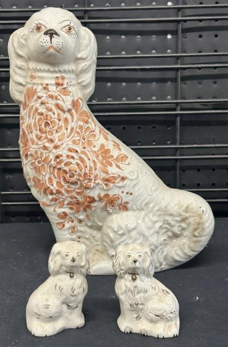 (3) Staffordshire dogs from local estate, nice overall condition. Pair measure 3.75" high, the tall: (3) Staffordshire dogs from local estate, nice overall condition. Pair measure 3.75" high, the tall one measures 13.5" high.