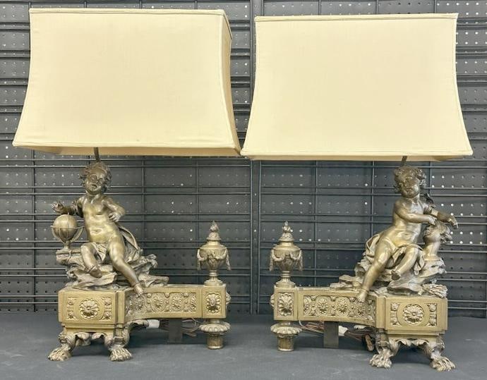 Fabulous pair bronze cherubs figural chenets converted to table lamps, wonderful detail, both (1 of 16)