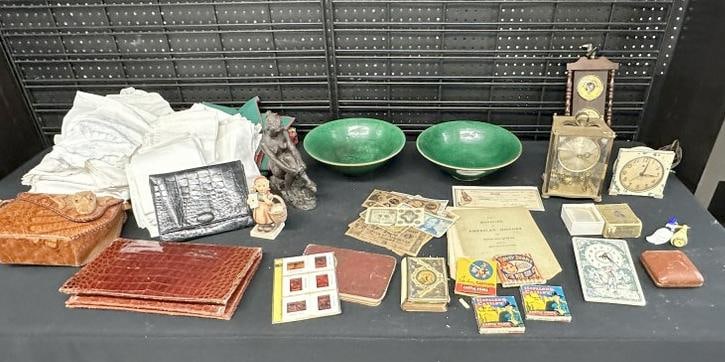 Misc. estate lot of goods, textiles, clocks, 2 green pottery bowls, misc. ephemera, (3) alligator (1 of 8)