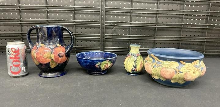 (4) pc. Art pottery lot to include (3) pcs. of Moorcroft and (1) WELLER Baldwin Blue Apple bowl, all: (4) pc. Art pottery lot to include (3) pcs. of Moorcroft and (1) WELLER Baldwin Blue Apple bowl, all in nice estate condition.