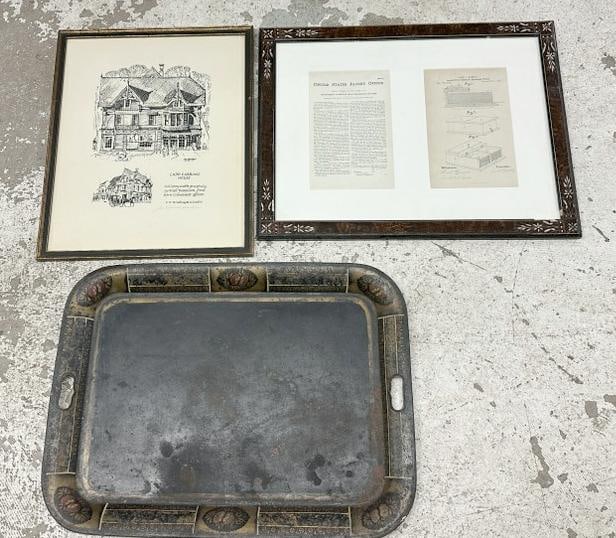 (3) pc. Estate lot to include worn tole tray, LADD CARRIAGE HOUSE Limited Edition print and framed (1 of 4)