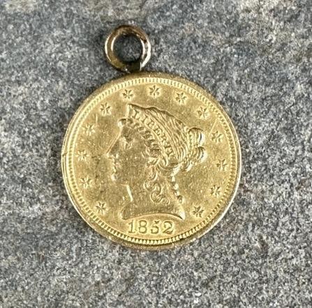 1852 LIBERTY Head $2.50 dollar gold coin, with small ring attached to top for a chain, nice overall: 1852 LIBERTY Head $2.50 dollar gold coin, with small ring attached to top for a chain, nice overall condition, from local estate.