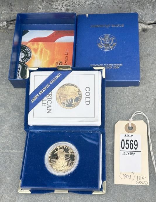 1991 One Ounce Fifty Dollar Proof Gold Coin, West Point Mint, in plastic case, with presentation: 1991 One Ounce Fifty Dollar Proof Gold Coin, West Point Mint, in plastic case, with presentation case and paper and outer box. From fine estate we are selling.