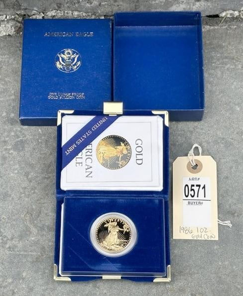 1986 One Ounce Fifty Dollar Proof Gold Coin, West Point Mint, in plastic case, with presentation: 1986 One Ounce Fifty Dollar Proof Gold Coin, West Point Mint, in plastic case, with presentation case and paper and outer box. From fine estate we are selling.