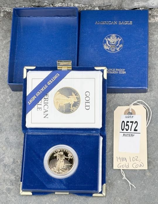 1989 One Ounce Fifty Dollar Proof Gold Coin, West Point Mint, in plastic case, with presentation: 1989 One Ounce Fifty Dollar Proof Gold Coin, West Point Mint, in plastic case, with presentation case and paper and outer box. From fine estate we are selling.
