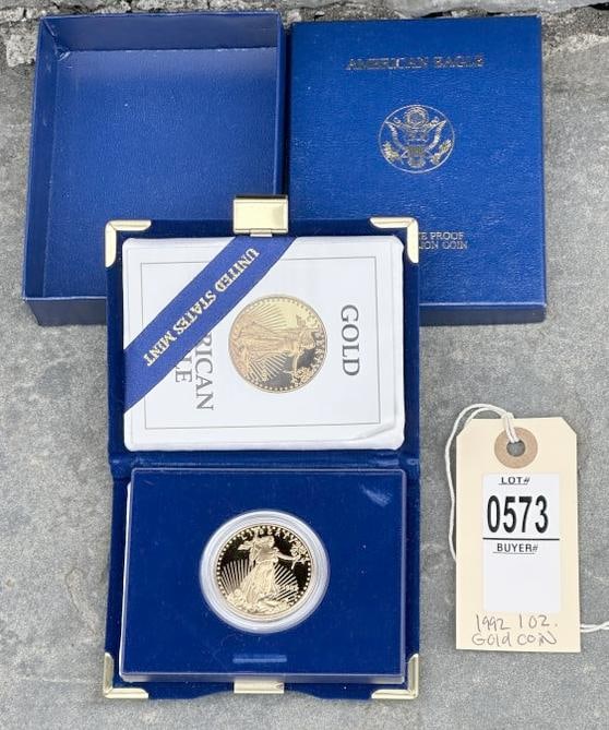 1992 One Ounce Fifty Dollar Proof Gold Coin, West Point Mint, in plastic case, with presentation: 1992 One Ounce Fifty Dollar Proof Gold Coin, West Point Mint, in plastic case, with presentation case and paper and outer box. From fine estate we are selling.