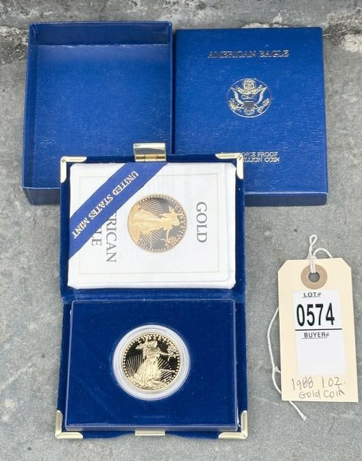 1988 One Ounce Fifty Dollar Proof Gold Coin, West Point Mint, in plastic case, with presentation: 1988 One Ounce Fifty Dollar Proof Gold Coin, West Point Mint, in plastic case, with presentation case and paper and outer box. From fine estate we are selling.