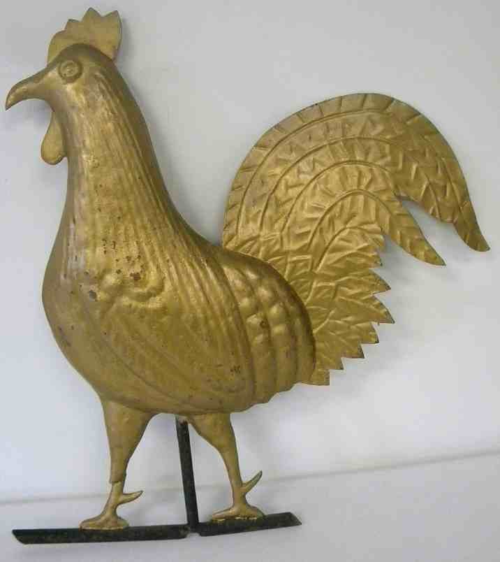 Older ROOSTER WEATHERVANE With Gold Overpaint: Older ROOSTER WEATHERVANE With Gold Overpaint, measures 21 1/2" top to bottom, break in leg, as pictured. Can see the copper under the paint. Can see traces of gilt underneath. Circa 1920's.....