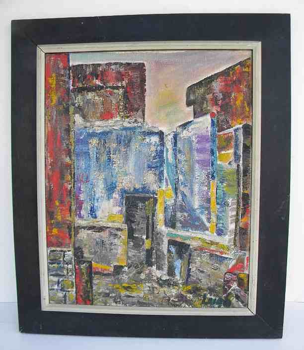 Abstract o/c Mid Century Cityscape Signed Leigh: Abstract o/c Mid Century Cityscape Signed Leigh, canvas measures 20" x 16", in black frame of the period. From Dutchess County collection....