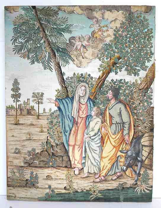 18thC ? W/C on & Fabric Wood Panel Visitation Mary to E: 18thC ? W/C on & Fabric, on Wood Panel of Visitation Mary to Elizabeth. I would say 18th or early 19th century, we are selling 2 and other artwork for the Sisters in Kingston, N.Y. They are moving fro