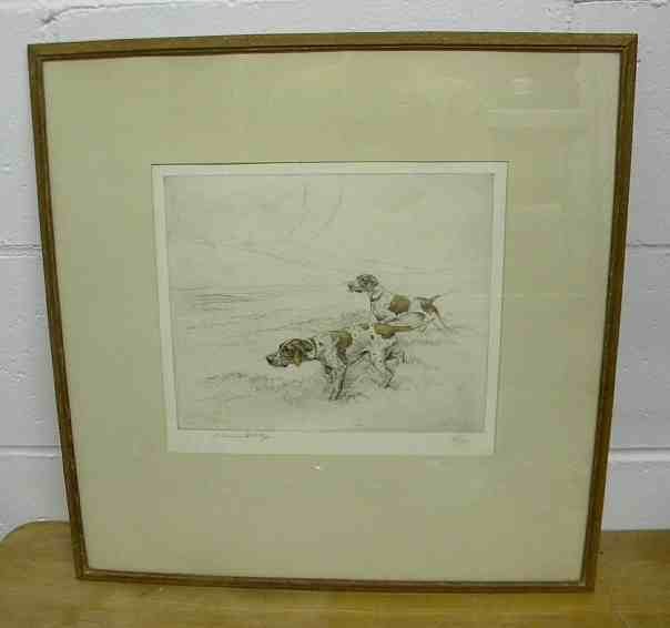 Vernon Stokes Signed Drypoint Etching of Pointers: Vernon Stokes Signed Drypoint Etching of Pointers, gallery label on back, 74/75 printed, nicely framed and matted. Framed it measures 19" x 18 1/2". STOKES, George Vernon, RBA (1873-1954)Painter in oi