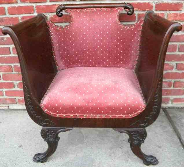 Decorative High Back Carved Mahogany Claw Foot Chair: High Back Carved Mahogany Claw Foot Chair Circa 1920, later fabric, solid condition, minor scratches...Measures 32" high x 22" deep x 31" across.....