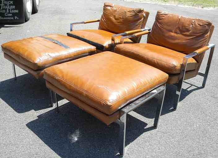 Pr. THAYER COGGIN Mid Century Chrome Chairs & Ottomans: Pr. THAYER COGGIN Mid Century Chrome Chairs & Ottomans, one ottoman has rips....chrome bases all solid and intact....
