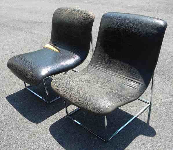 Pr. THAYER COGGIN Mid Century Unusual Form Chairs: Pr. THAYER COGGIN Mid Century Unusual Form Chairs, from same estate as other Mid Century and related we are selling. Bases are intact, as are bodies, need new upholstery...Tag underneath...