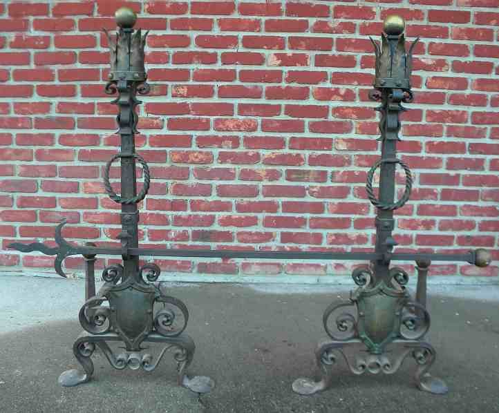 44 1/2" High Decorative Iron & Bronze Andiron Set w/Bar: 44 1/2" High Decorative Iron & Bronze Andiron Set w/Bar, from Hudson Valley estate, nice condition, all balls and 2 rings are bronze...